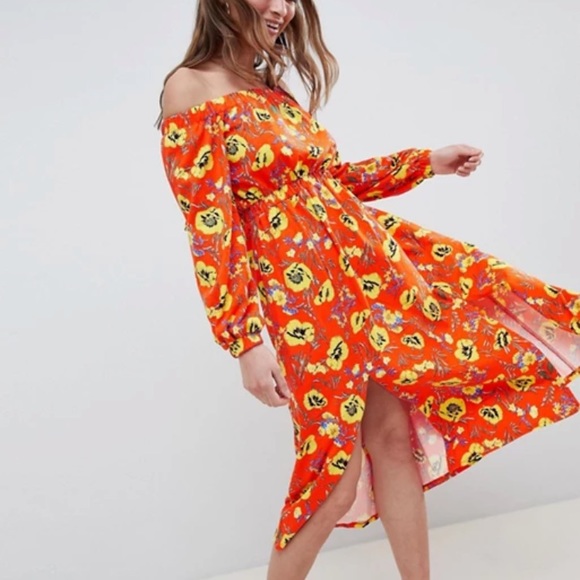 ASOS Tangerine Orange Floral Off Shoulder Midi Dress Size 0 - Picture 3 of 8